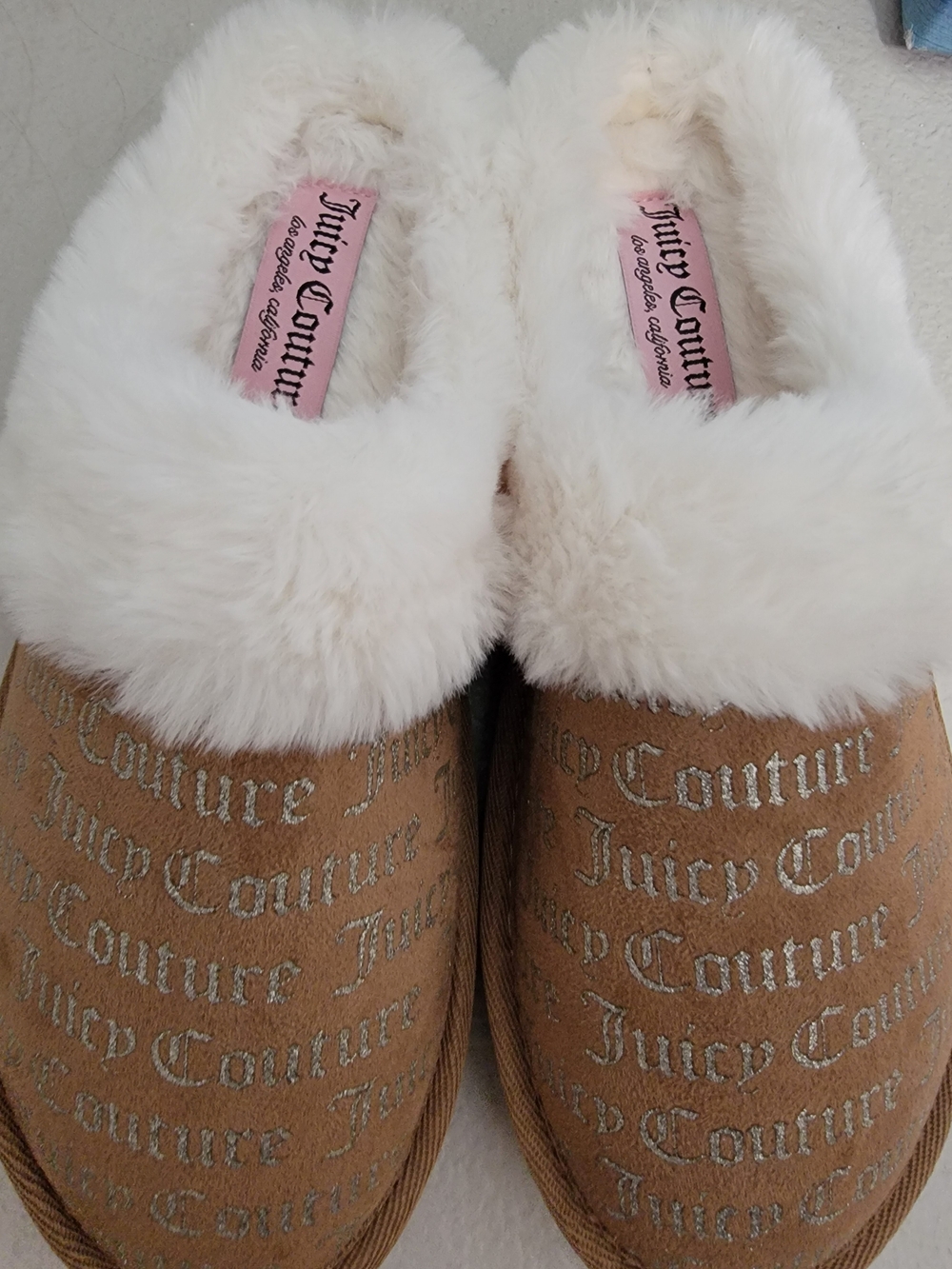 Juicy Couture Brown And Tan Faux-Fur Lined Slippers With Silver Logo
